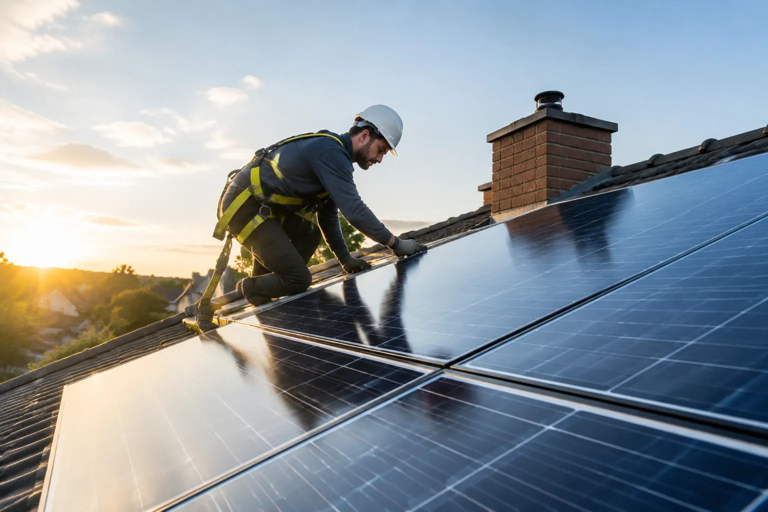 Monteur met helm en valbeveiliging monterende zonnepanelen op een schuindak bij zonsondergang