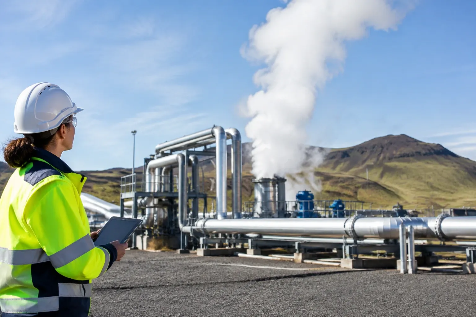 Vrouwelijke technicus met helm en tablet bij stoomende pijpleidingen van geothermie installatie