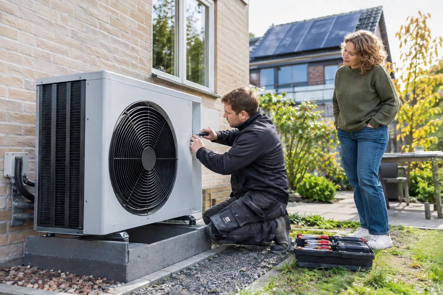 Installateur monteert warmtepomp buiten tegen huis terwijl bewoner toekijkt